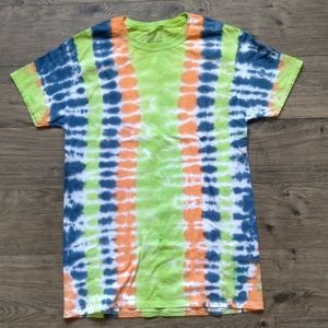 Custom made blue, green, and orange tie-dye tee